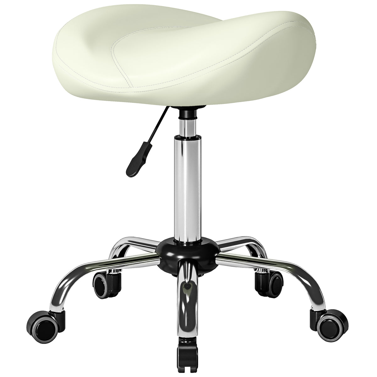 Zadelkruk, in hoogte verstelbare rolkruk met PU-leer voor massage, spa, kliniek, beauty en tattoo, crèmewit