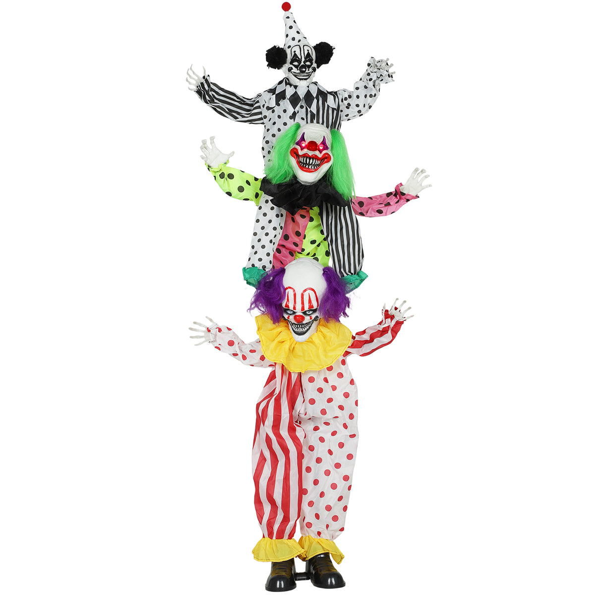 Stapelbare Halloween-animatronic-clowns met rood oplichtende ogen voor indoor-feestrekwisieten