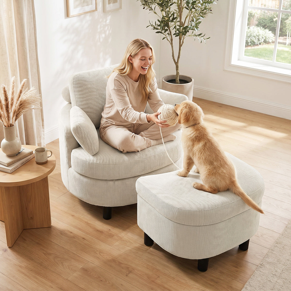 Fauteuil met opberghocker, corduroy bekleding, ronde leesstoel met verstelbare hoofdsteun, brede zitting (9)