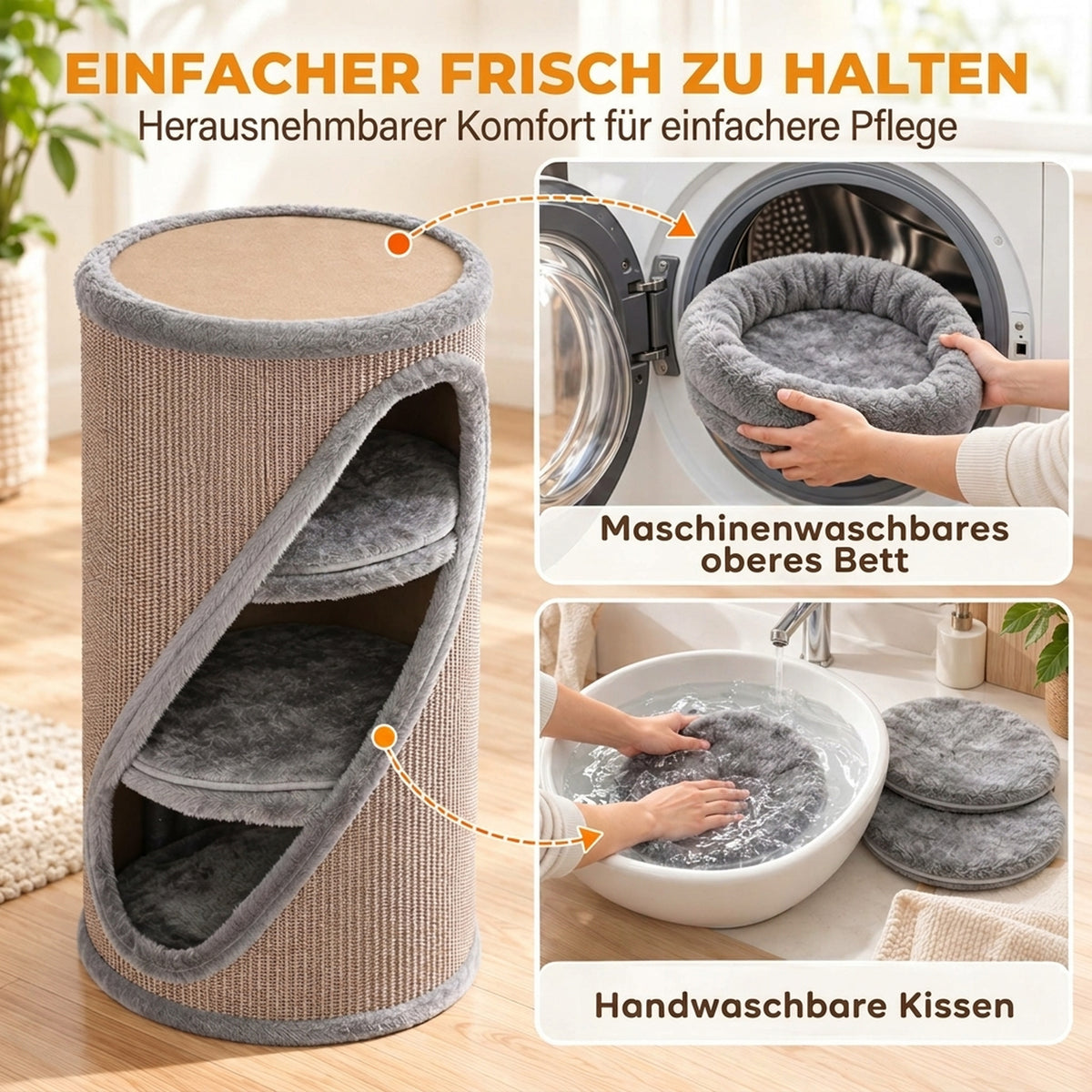 Krabton 75 cm hoog Ø 35 cm 4-laagse kattenmand met 3 holen, afneembaar wasbaar pluche bed sisal-kraboppervlak (7)