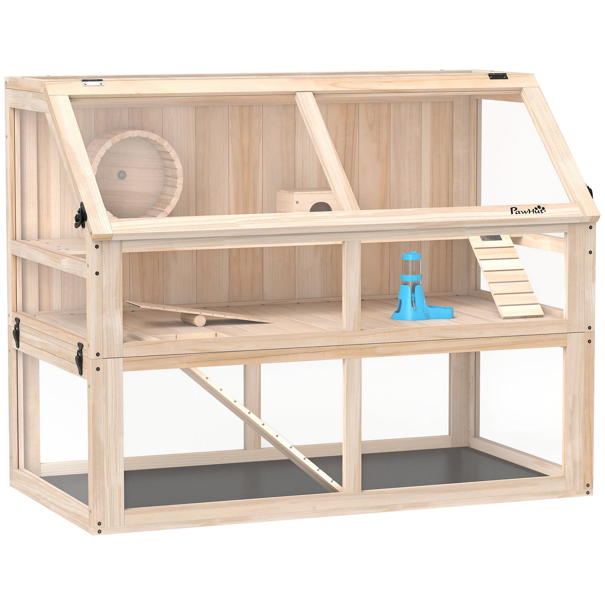Hamsterkooi van hout 3 verdiepingen knaagdierkooi kleindierkooi met wipwiel loopwiel hut 95 x 53 x 76 cm