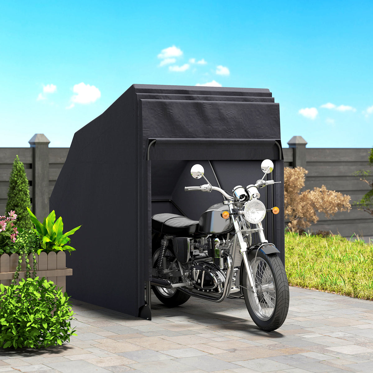 Motorhoes voor motorfiets opvouwbaar outdoor motorhoes waterdicht wintervast XXL 345cmx135cmx191cm zwart (2)
