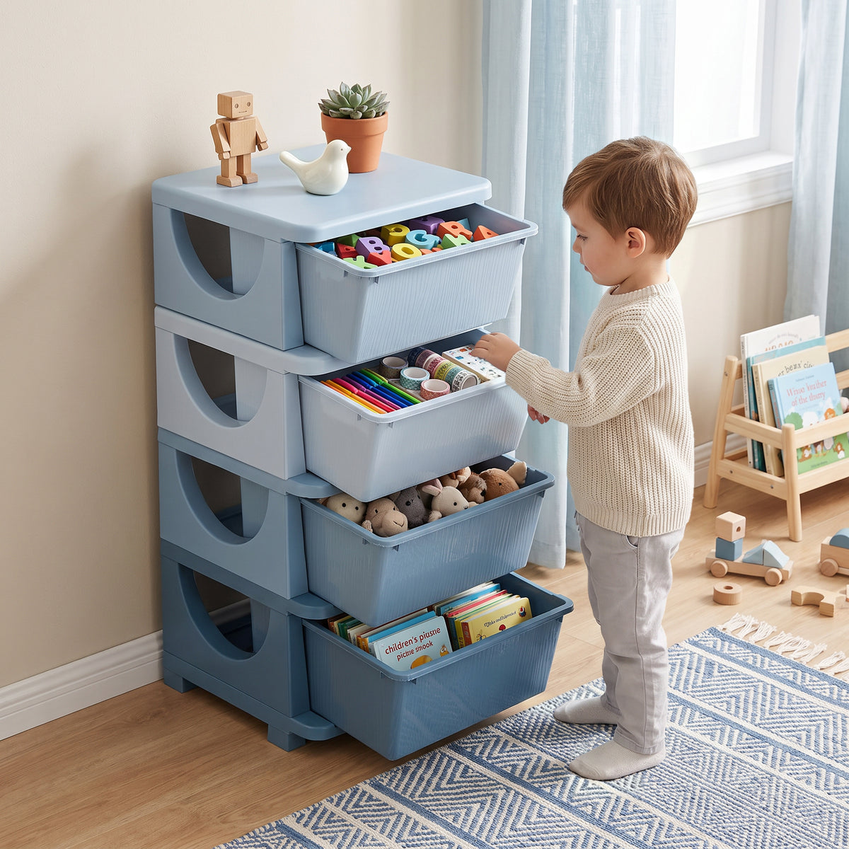 Opbergdozen voor kinderen, 4 lades, afgeronde hoeken, verhoogd ontwerp, kunststof, blauw (2)