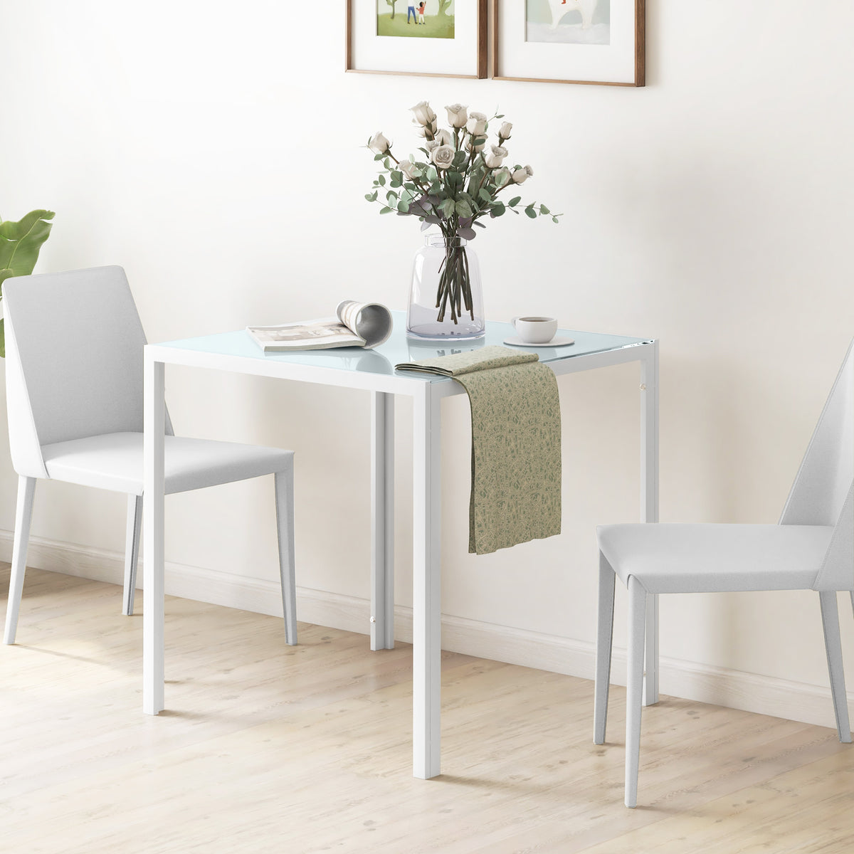 Vierkante eettafel voor 4 personen, tafelblad van gehard glas, voor keuken en eetkamer, 75 x 75 x 75 cm, wit (2)
