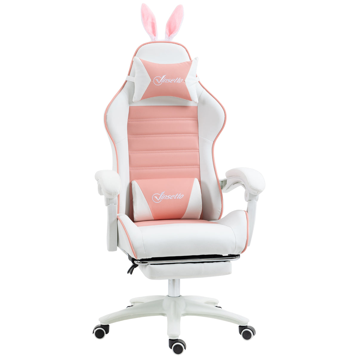 Gaming-stoel Ergonomische gamestoel met lendensteun, voetensteun en konijnenoortjes-hoofdkussen roze