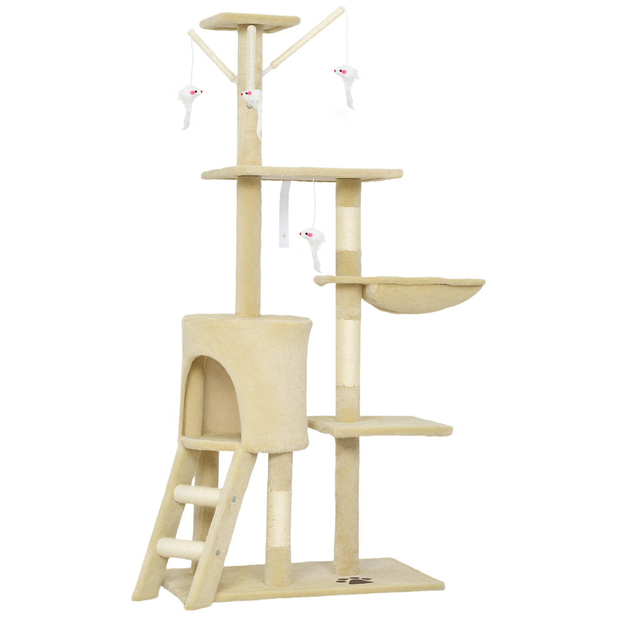 Krabpaal met grot, 4 speeltjes, sisalstammen, groot platform, trap, voor katten onder 5 kg, beige