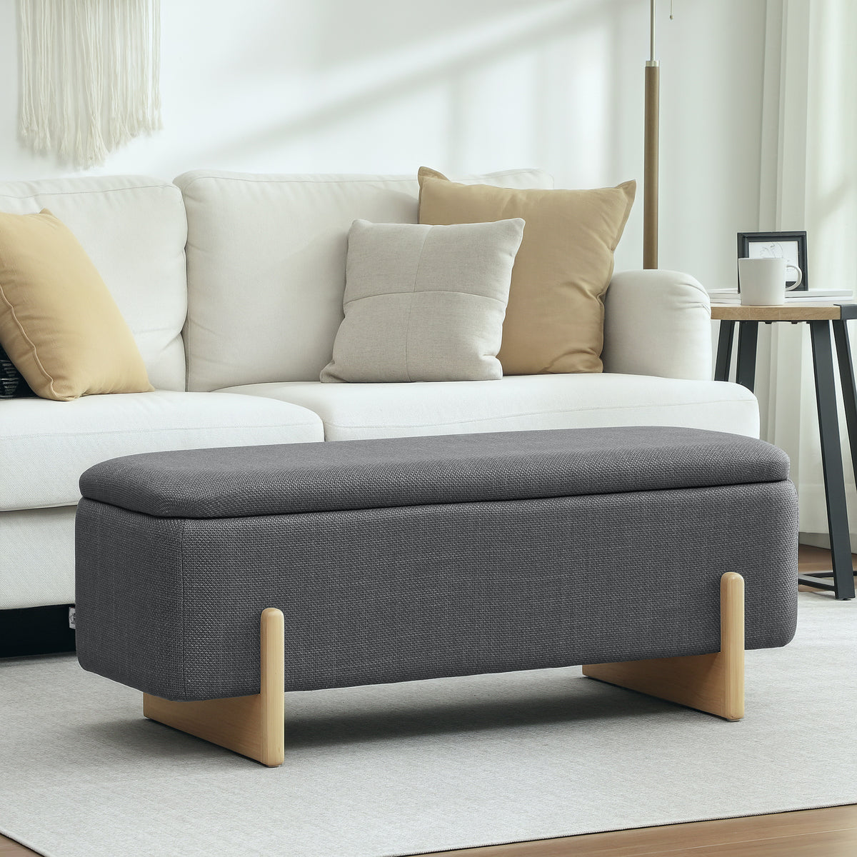 Hocker met opbergruimte, zitbank met schuimvulling, linnenlook, 111 x 44 x 44,5 cm, donkergrijs (2)