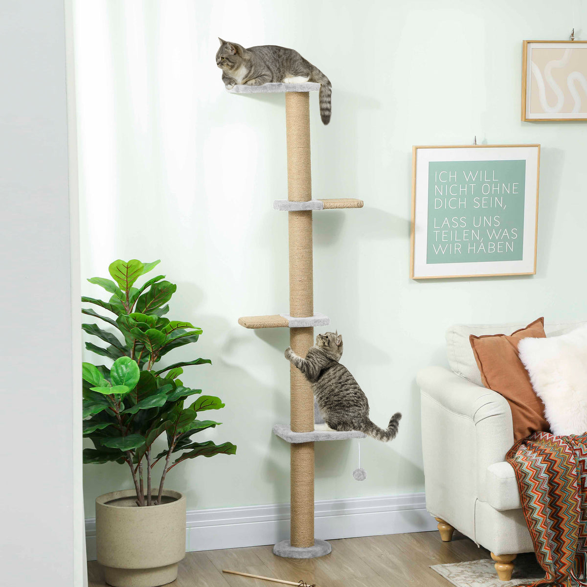 Kattenkrabpaal, 5-laags ontwerp, speelgoed, sisalpalen, pluche, lichtgrijs (2)