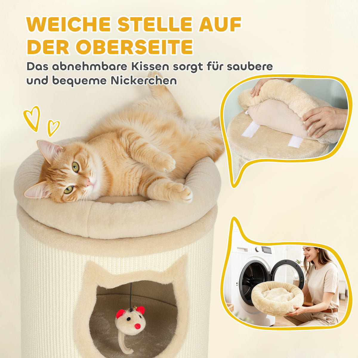 Krabton, 96 cm, 4-laagse kattentoren met wasbaar bed, 3 slaapholen, hangend speelgoed, voor meerdere katten (6)