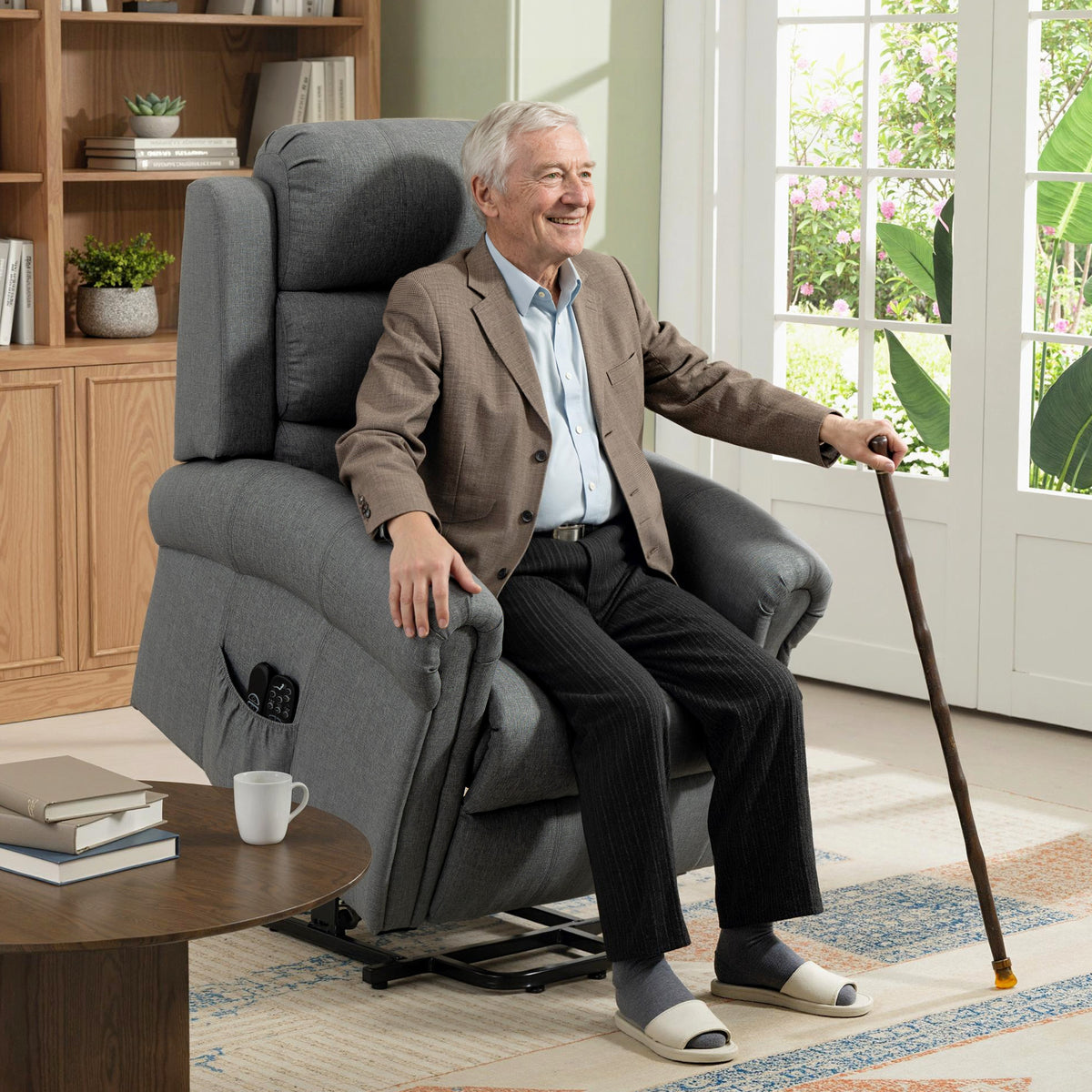 Massagestoel met sta-opfunctie, relaxfauteuil, vibratiekoppen, met kantelfunctie, linnenlook, grijs (2)