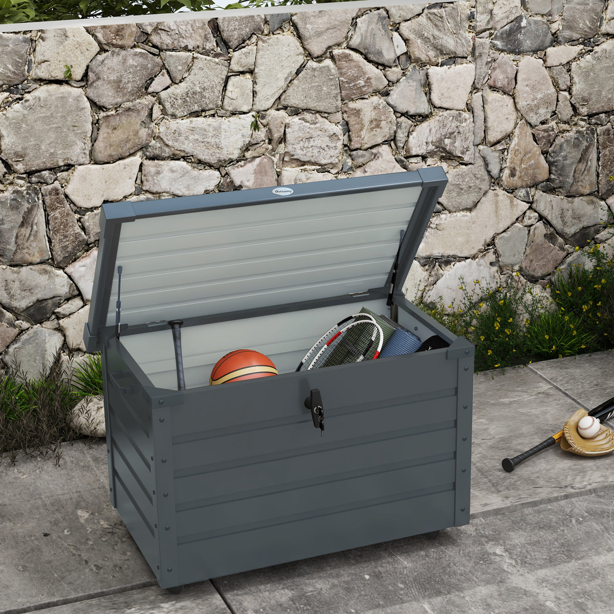 Opbergbox voor buiten, tuinbox, kussenbox, weerbestendig, 4 wielen, 100 cm x 62 cm x 65 cm, donkergrijs (2)