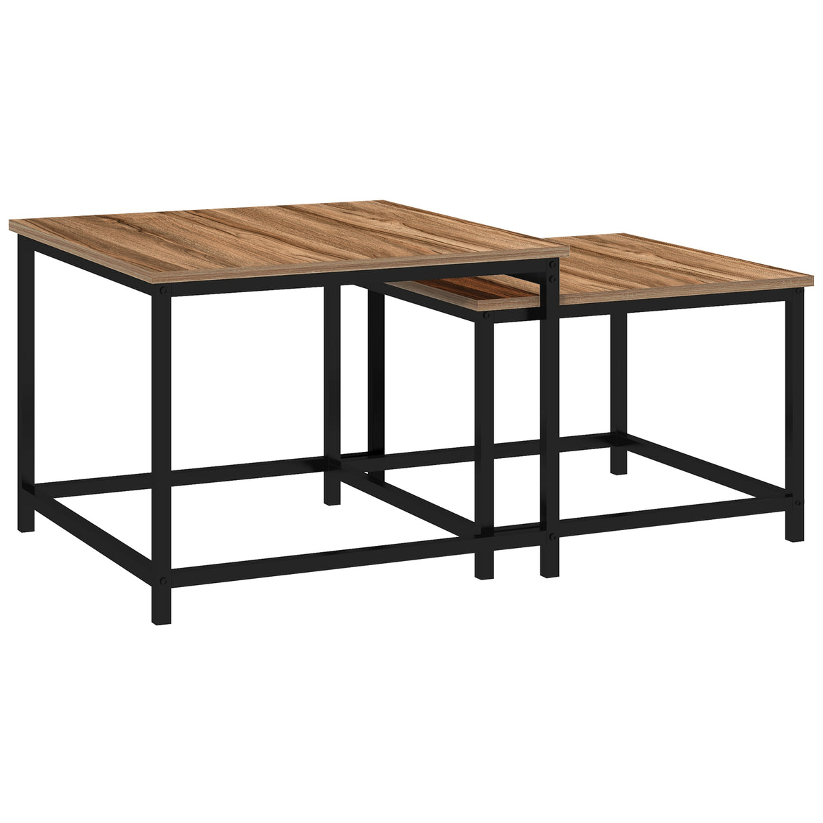 Set van 2 salontafels, industrieel design, zwart stalen frame, tafelblad met houtlook