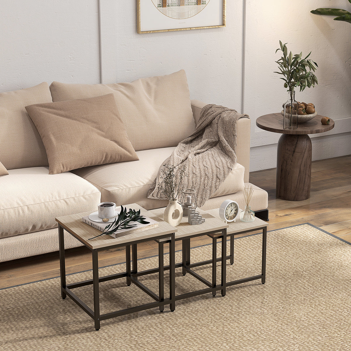 Set van 3 salontafels, industrieel design, zwart stalen frame, tafelblad met houtlook (2)