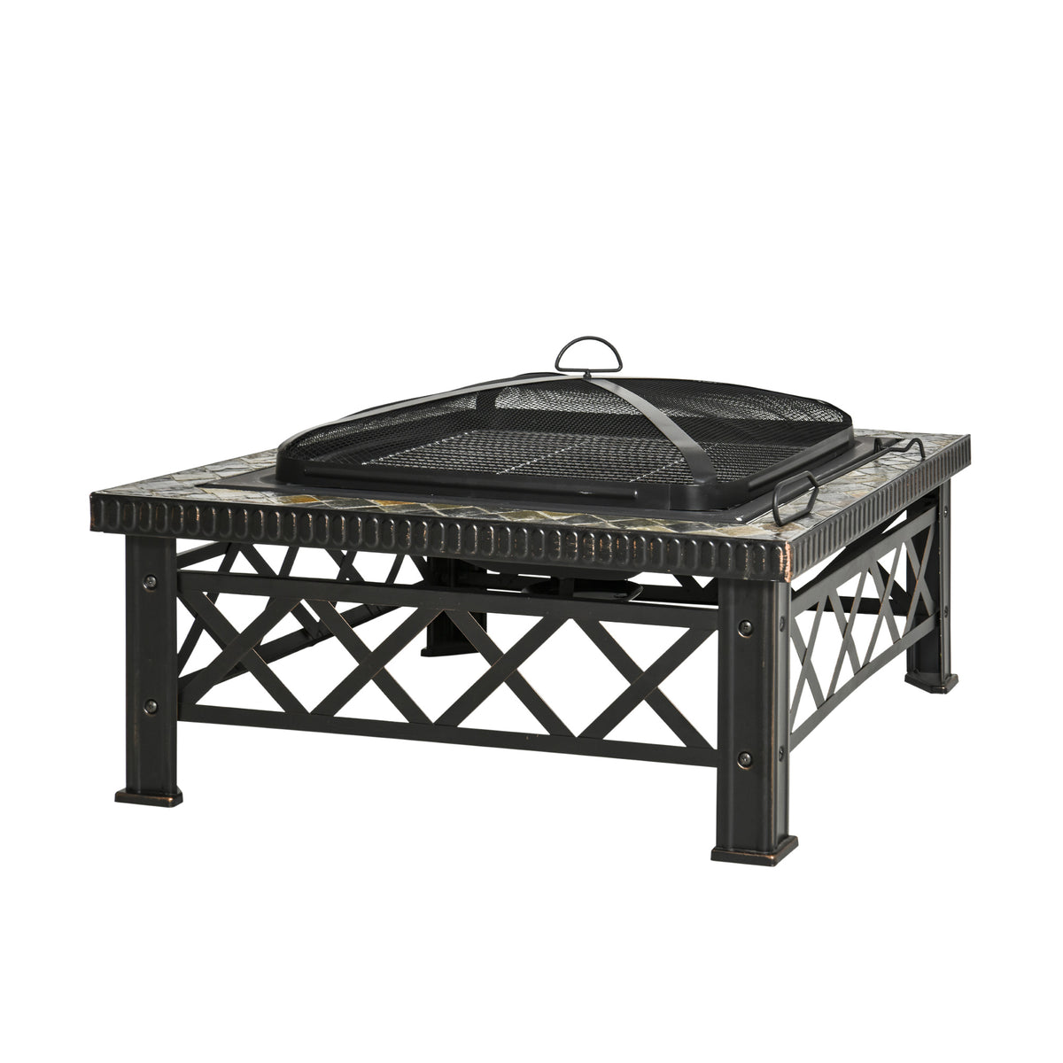 3-in-1 vuurschaal vuurkorf vuurplaats met vonkenscherm grillrooster ijskoeler tuin BBQ zwart 76cm x 76cm x 47cm
