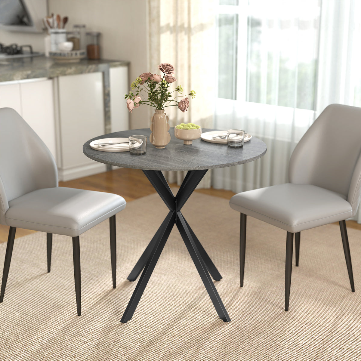 Ronde keukentafel, 80 cm, compact tafelblad, spaanplaat, metaal, grijs (2)