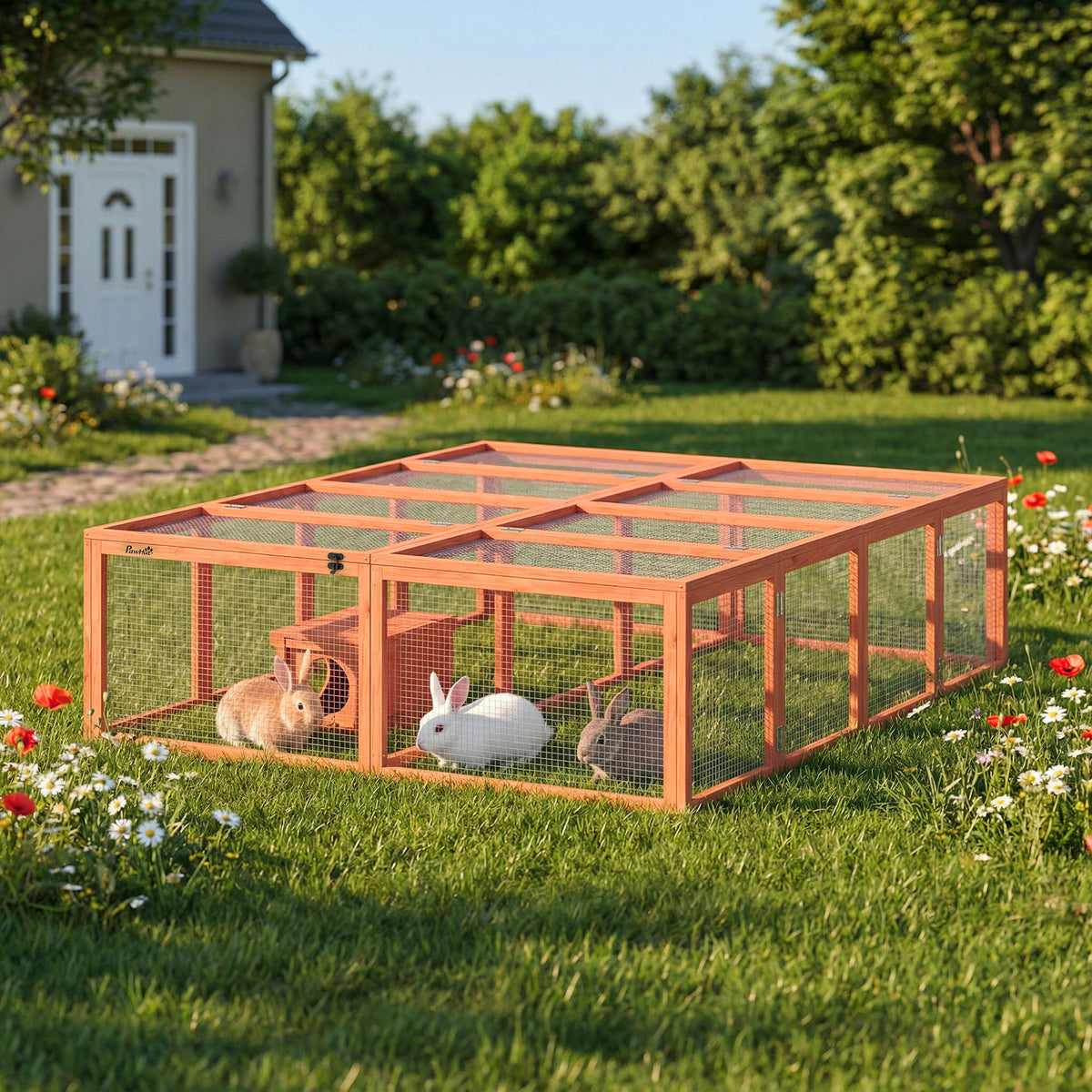 Konijnenren houten konijnenhok met 2 deuren schuilhuis voor 2-4 dwergkonijnen 180,4 x 150 x 48 cm oranje (2)