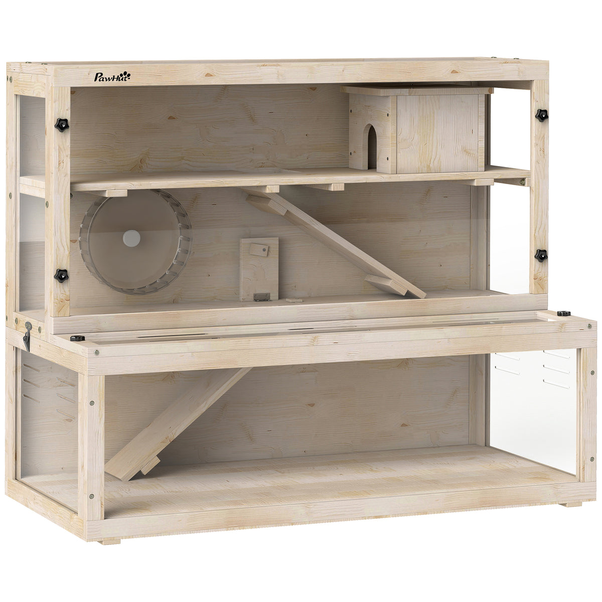 Hamsterkooi, 3 niveaus, huisje, accessoires, 100 x 50 x 84 cm, voor meerdere kleine dieren, hout, kunststof