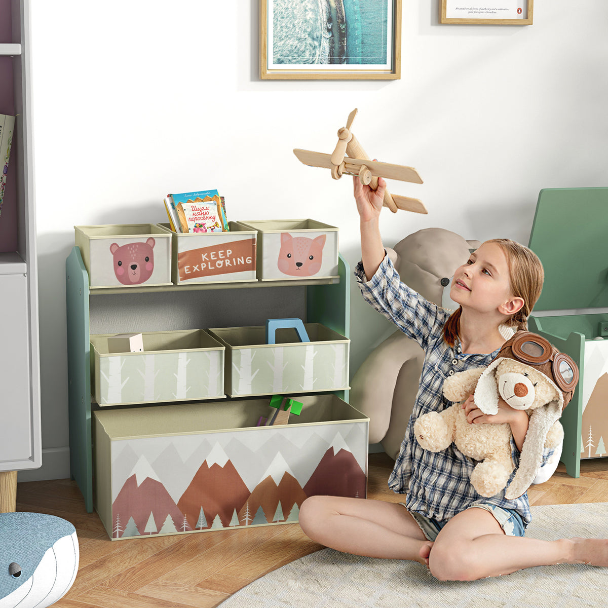 Kinderkast met 6 stoffen opbergboxen, schattig motief, 63x30x66 cm, groen (2)