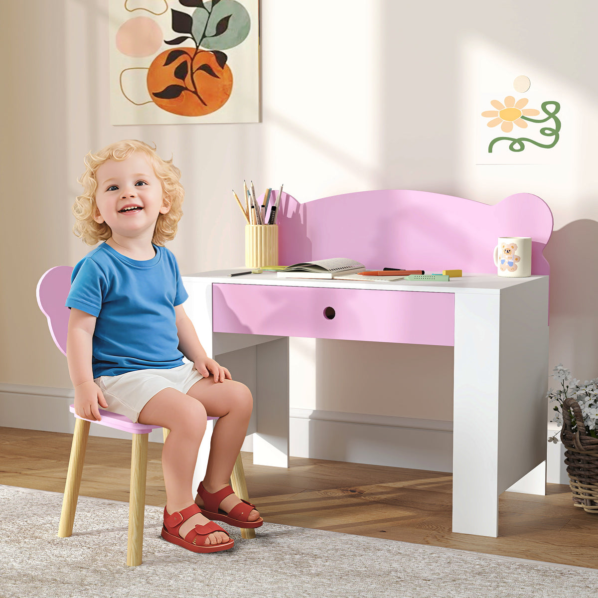 Bureau-set voor kinderen, werktafel en stoel in berenvorm, lade, om te schrijven en te knutselen, 3-8 jaar, roze (2)