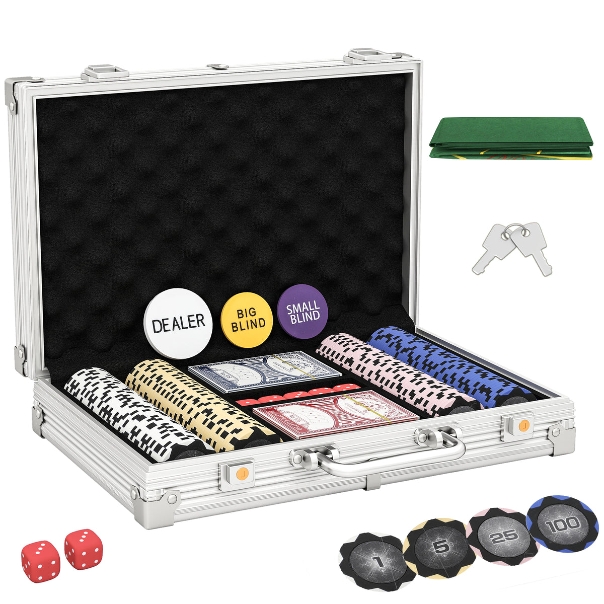 Pokerchipset in koffer, met dobbelstenen, dealerbutton, 2 kaartspellen, zilverkleurig