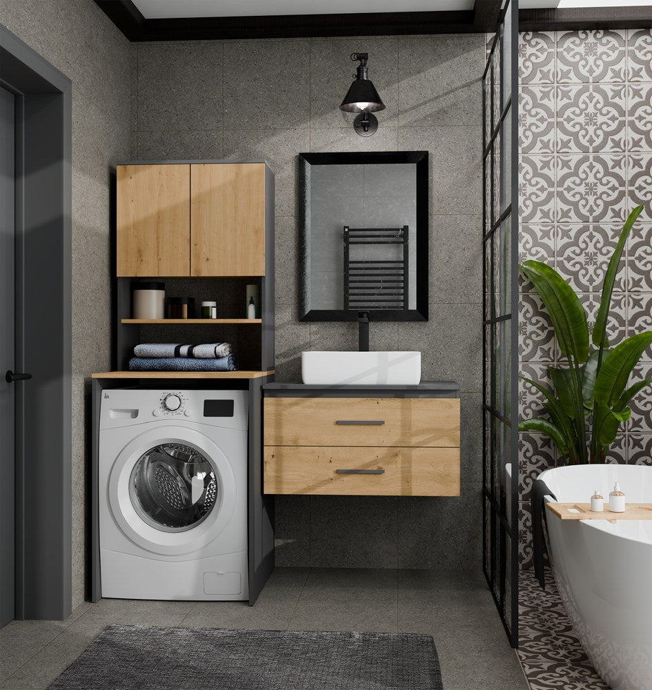 Badezimmerschrank POLA MULTI über Waschmaschine Hochschrank Regal ANTHRAZIT EICHE ARTISAN – Produktabbildung 2