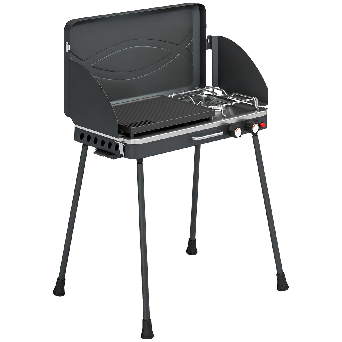 Draagbare gasbarbecue 2 branders 7 kW 2-in-1 tafelgrill met inklapbare poten grillrooster windscherm deksel