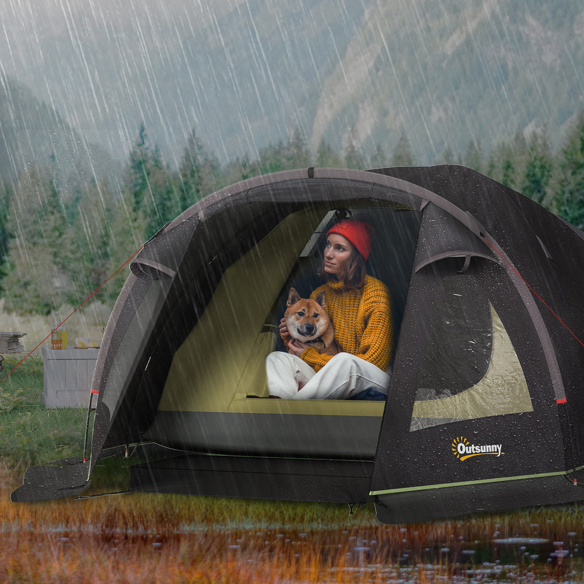 Kampeertent voor 2 personen licht, stabiel UV 50+ tunneltent met luifel zijdeur & raam zwart (2)