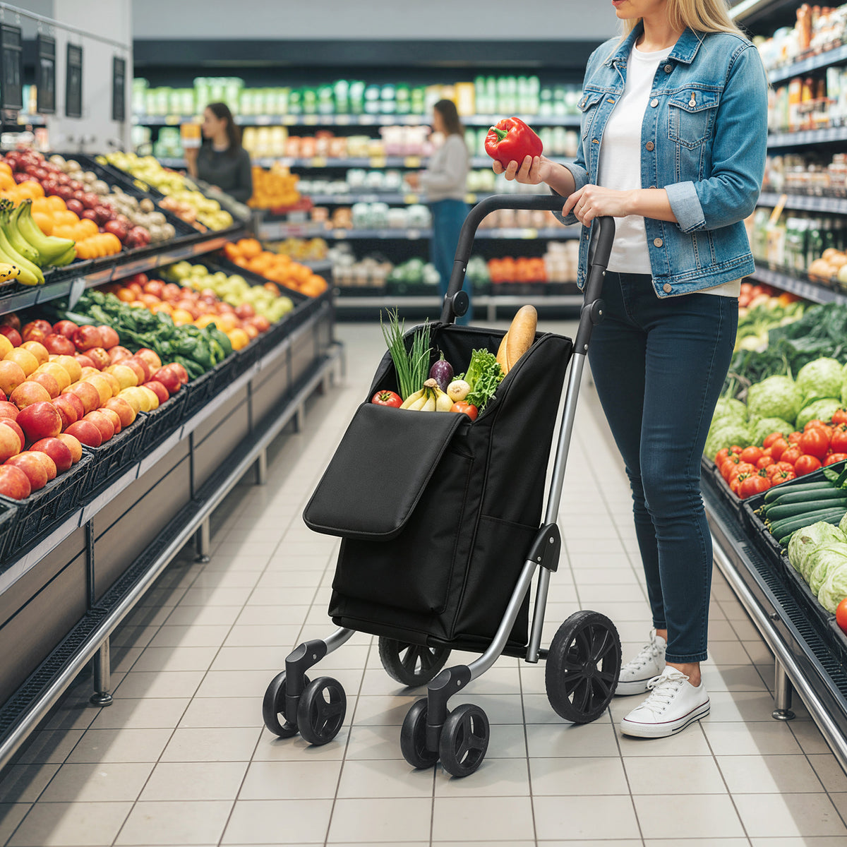 Boodschappentrolley, 46 liter tas, opvouwbare boodschappenwagen met koeltas, verstelbare handgreep, aluminium (2)