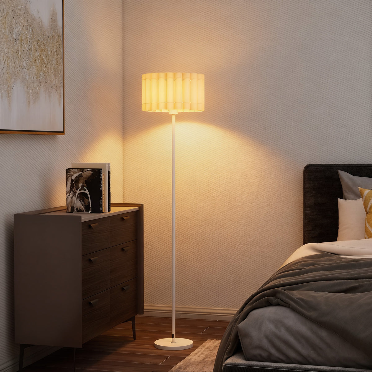 Vloerlamp in retrostijl, kunststof lampenkap, voetschakelaar, metalen stang, wit (2)