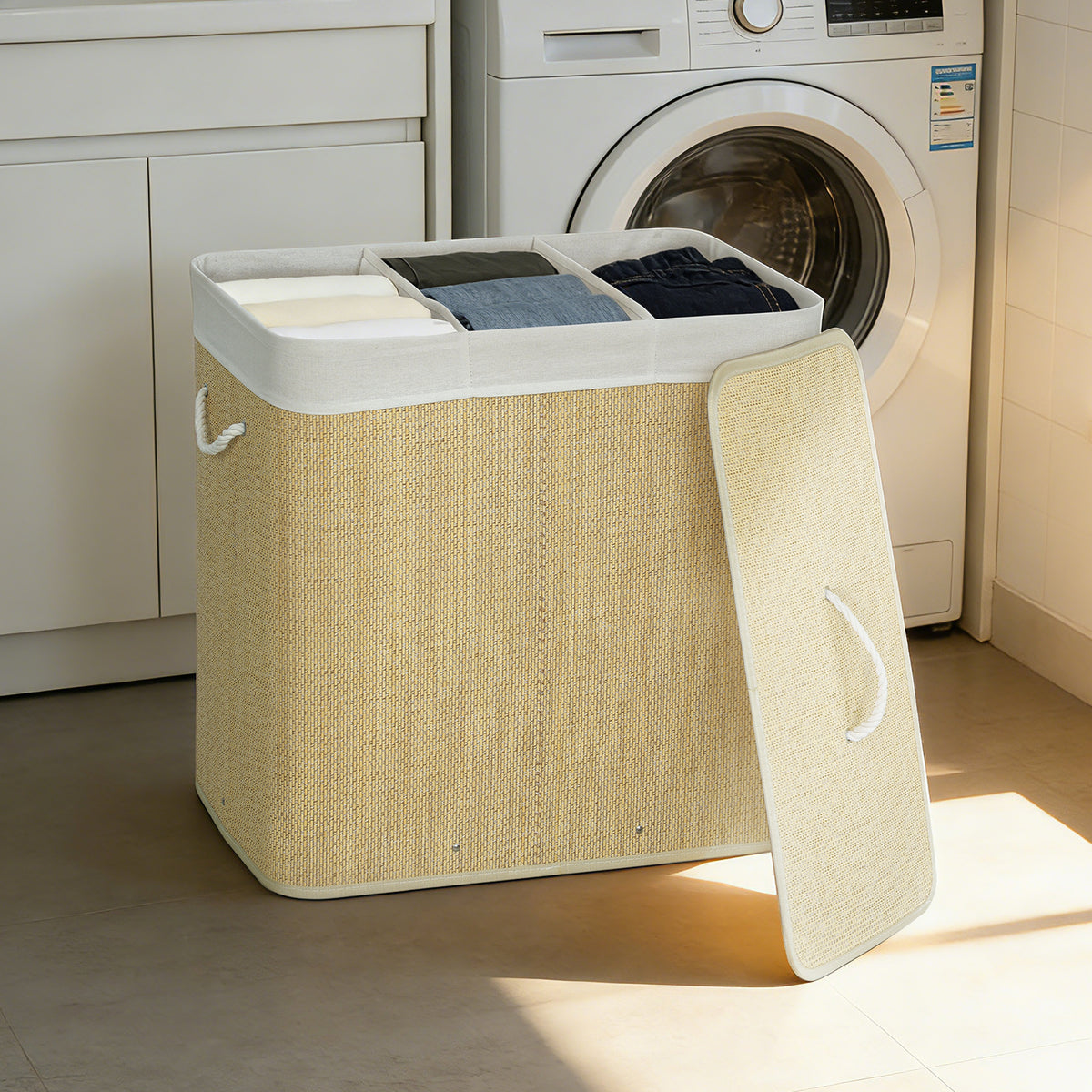 Bamboe wasmand met deksel 3 vakken 144L wasverzamelmand met touwhandvatten, uitneembare waszak (2)