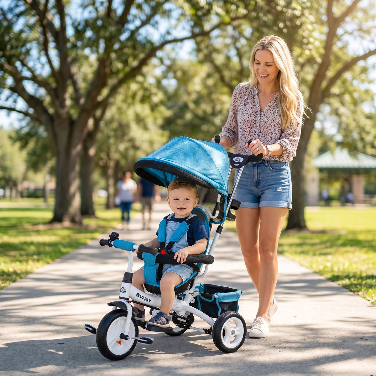 6-in-1 kinderdriewieler met duwstang, zonnekap, veiligheidsgordel, opbergmand, voor 1-5 jaar, blauw (2)