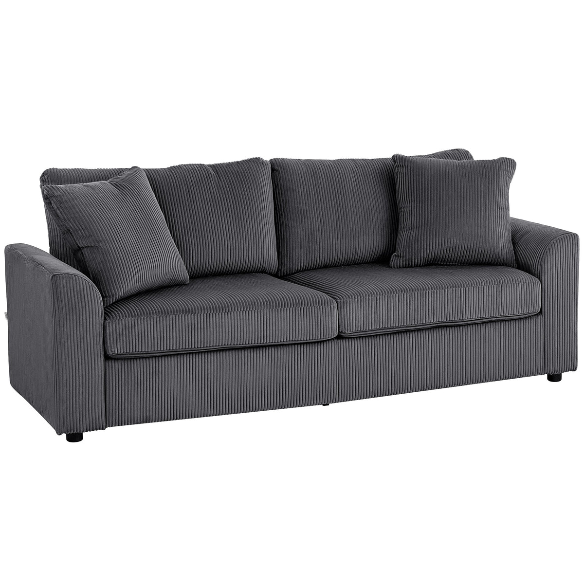 3-zitsbank met sierkussens, ribfluwelen bank voor woonkamer, slaapkamer, 212 cm breed, donkergrijs