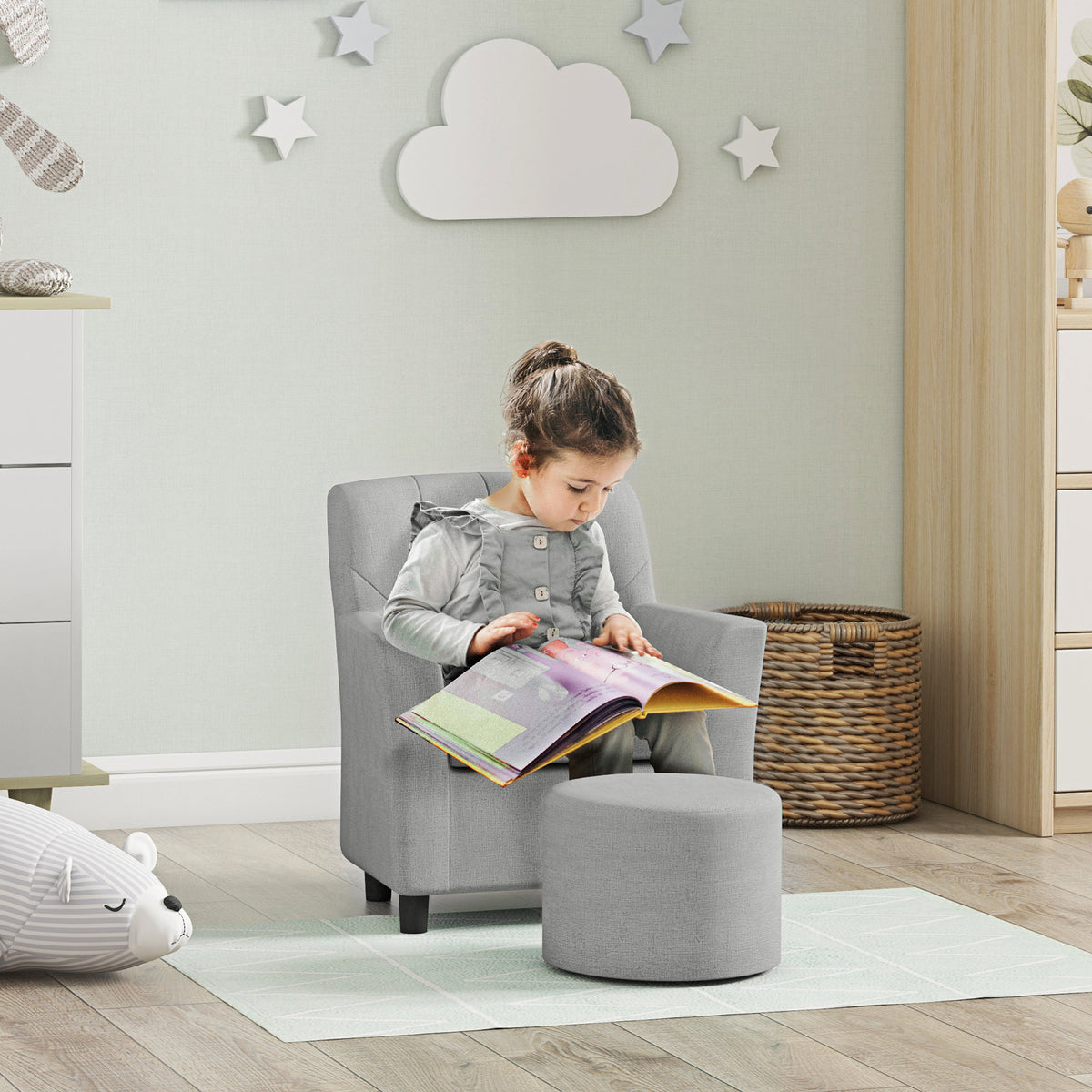Kinderfauteuil met hocker, rugleuning met ruitpatroon, zachte zitting, houten frame, grijs (2)