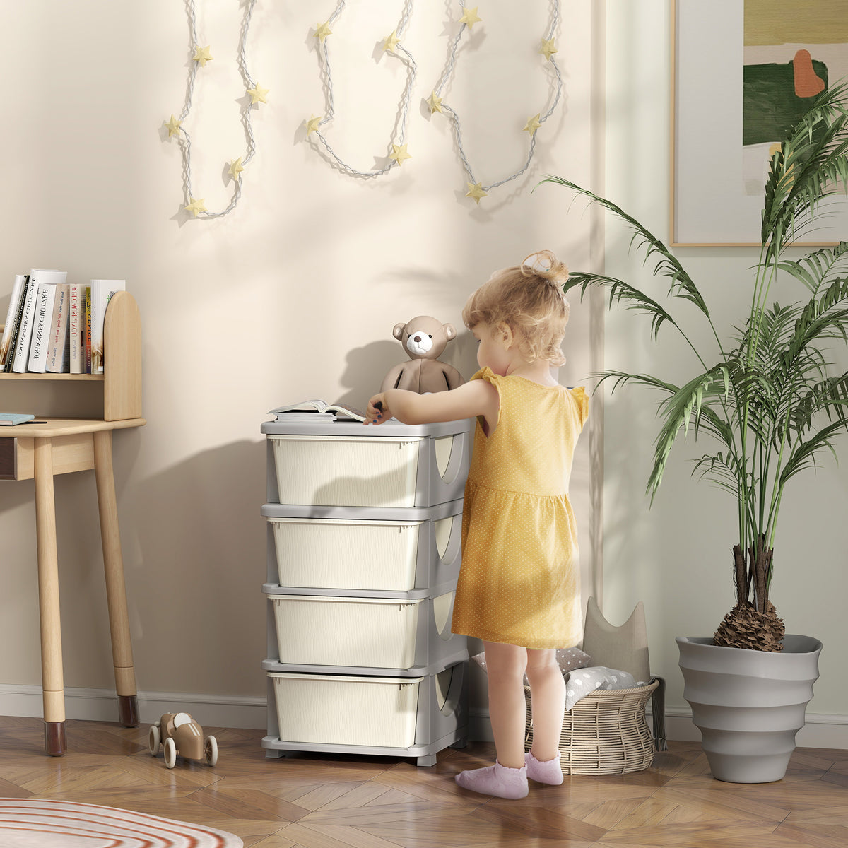 Opbergdozen voor kinderen, 4 grote lades, ronde randen, kunststof, 37x37x76 cm, crème-wit (2)