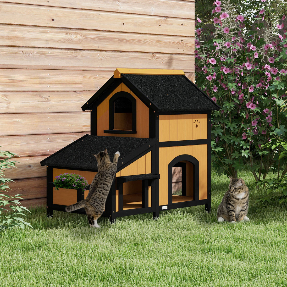 Kattenhuis kattenhut kattenhol, incl. bloembak, 96 cm x 65 cm x 85,5 cm, geel + wit + zwart (2)