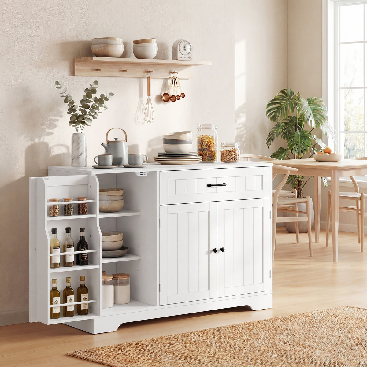 Modern dressoir voor in de keuken met lade, verstelbare planken, kleine keukenkast met deurvakken, wit (2)