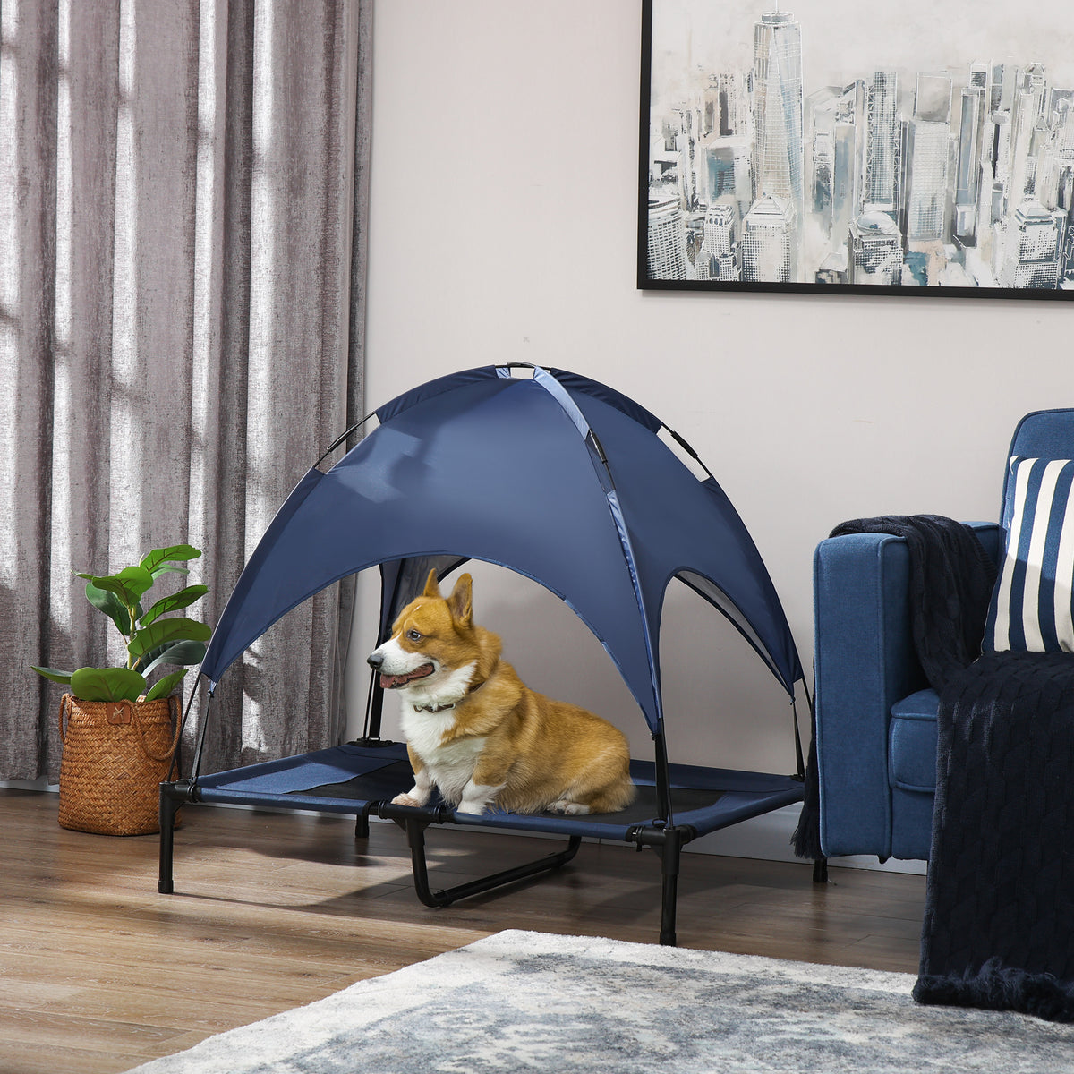 Hondenbed met baldakijn, outdoor hondenbed, opvouwbaar, verhoogde standaard, blauw + zwart (2)