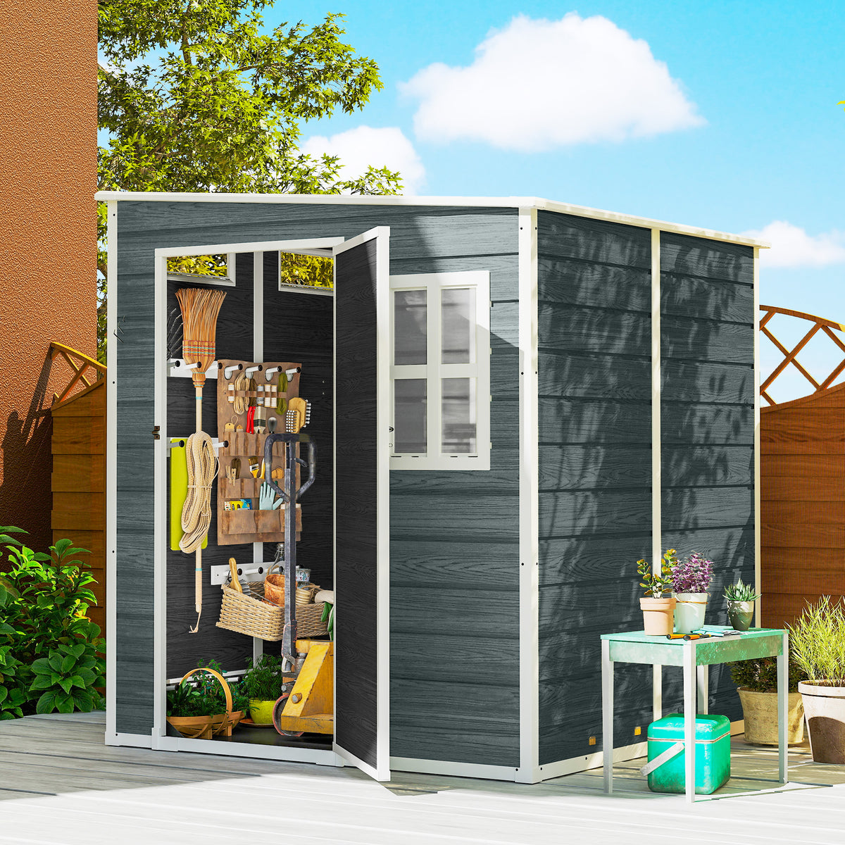 Tuinhuis 2,89 m² gereedschapsschuur met houtlook 3 ramen ventilatie vloer slot handschoenen 182 x 182 x 196 cm (2)