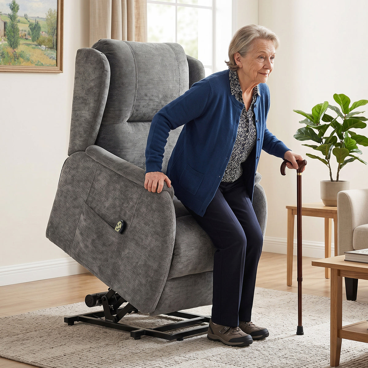 Relaxfauteuil met sta-op-hulp voor senioren, chenille-look, met afstandsbediening en zijvakken, donkergrijs (2)