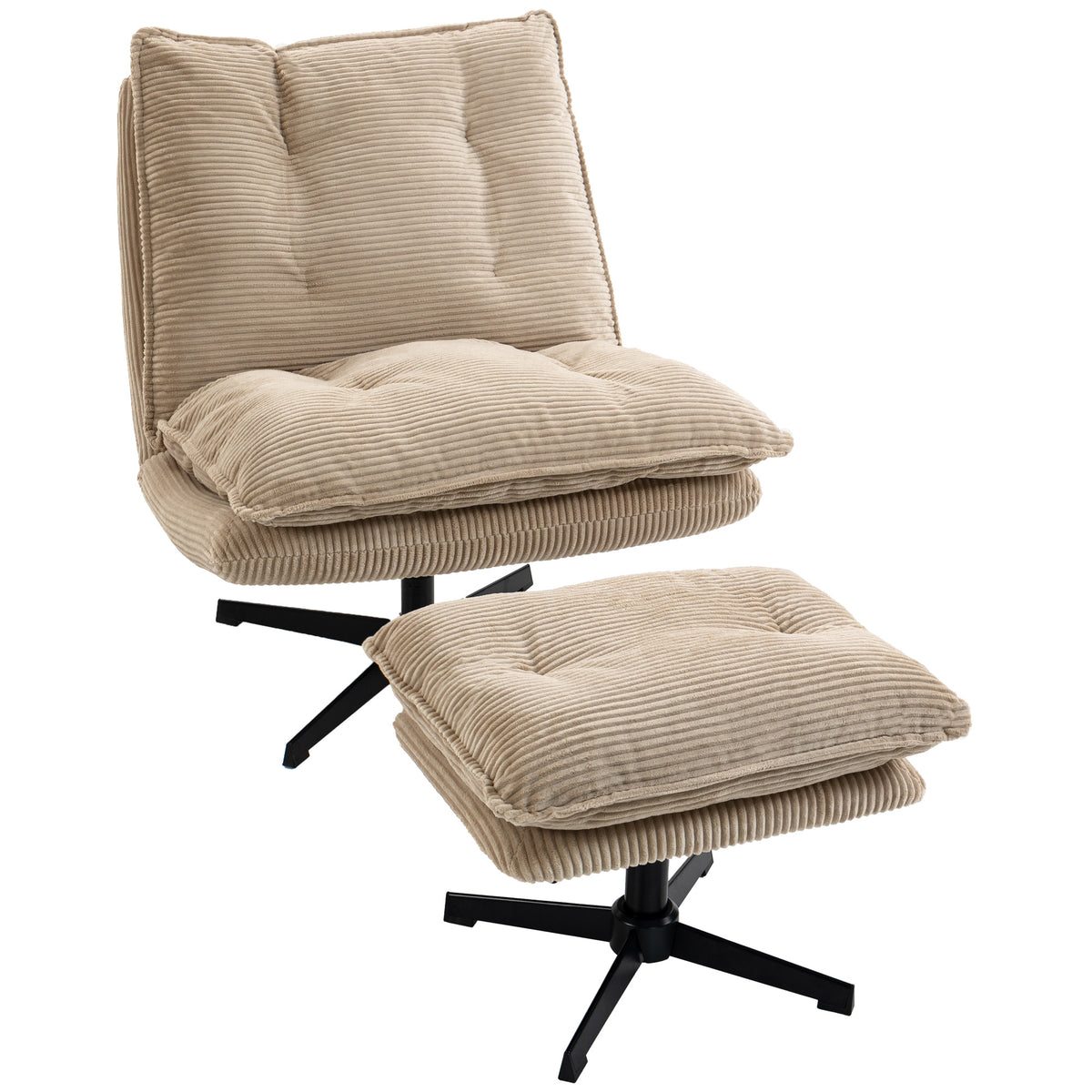 Loungestoel met hocker, 360° draaibaar, ribstof bekleding, in hoogte verstelbare voetsteun, beige