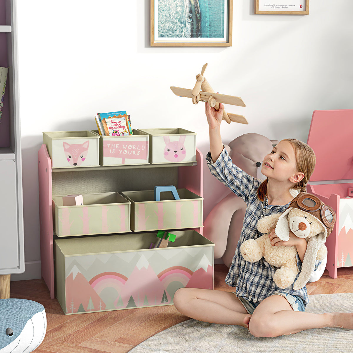 Kinderkast met 6 stoffen opbergboxen, schattig motief, 63x30x66 cm, roze (2)