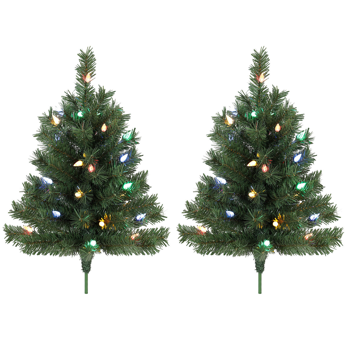 Verlichte kerstboom 60 cm, set van 2, kunstmatig, met 60 gekleurde ledlampjes, 130 takpunten, groen