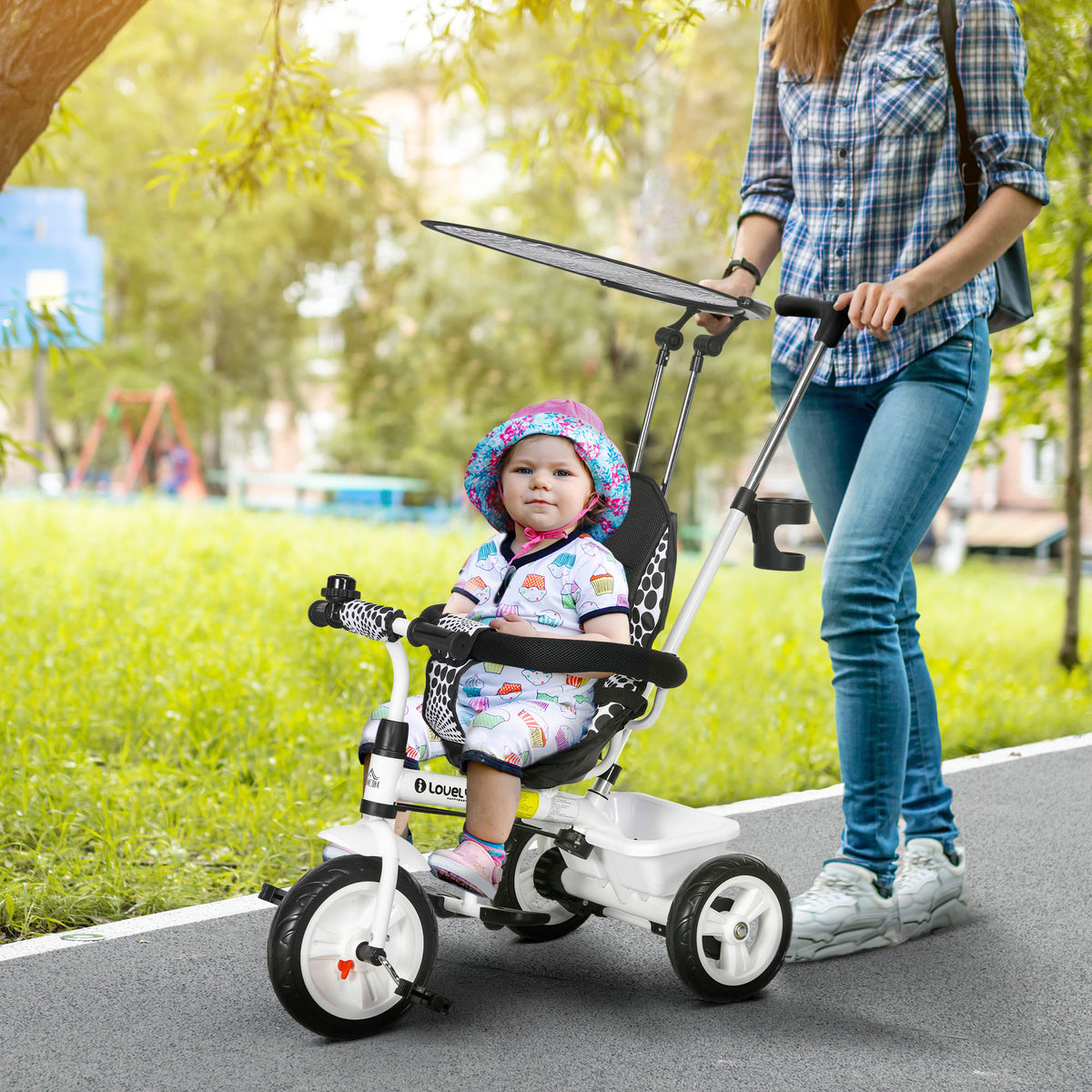 6-in-1 kinderdriewieler met duwstang, zonnekap, veiligheidsgordel, opbergmand, voor 1-5 jaar, wit (2)