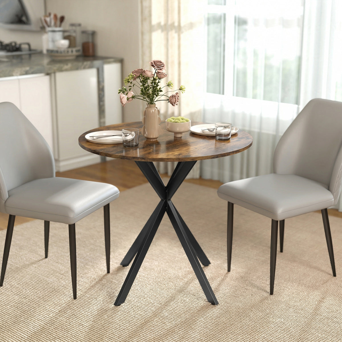 Ronde keukentafel, 80 cm, compact tafelblad, spaanplaat, metaal, rustiek bruin (2)