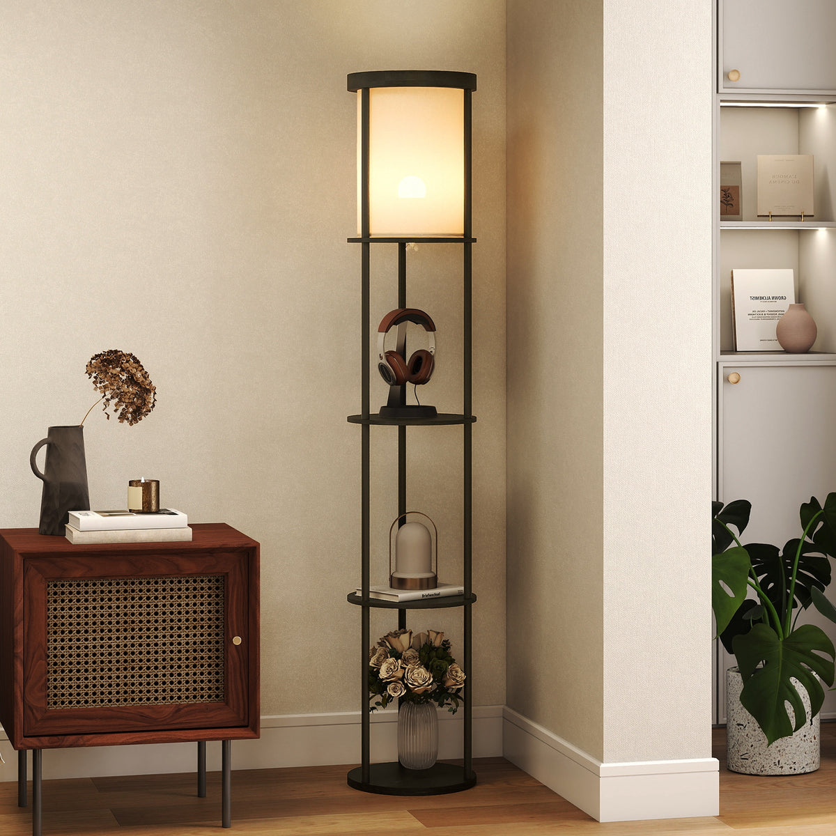 Vloerlamp met 3 planken, rond design, afstandsbediening, voetschakelaar, instelbare lichtwarmte, voor woonkamer (2)