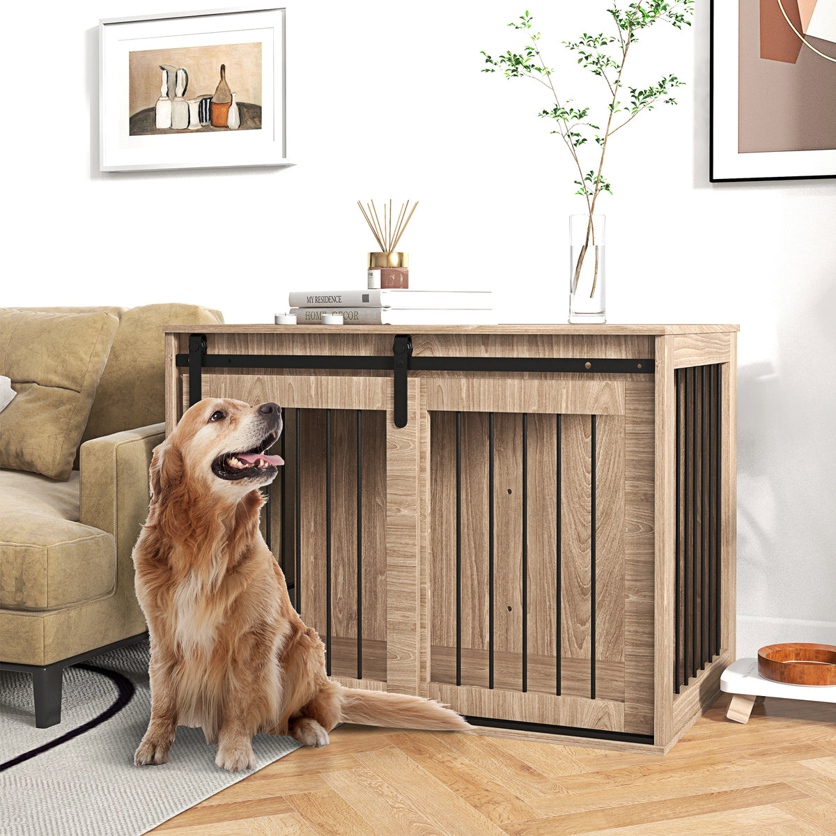 Hondenbench hondenkooi, afsluitbaar, houtlook, rustiek design, 98 cm x 58 cm x 61 cm, walnoot + zwart (2)