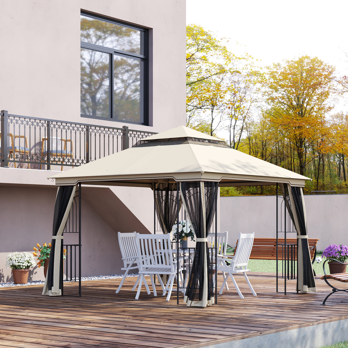 Tuinpaviljoen met dubbel dak, tuinpaviljoen, partytent, feesttent met 4 zijwanden, metaal+polyester, beige, 2,99 (2)