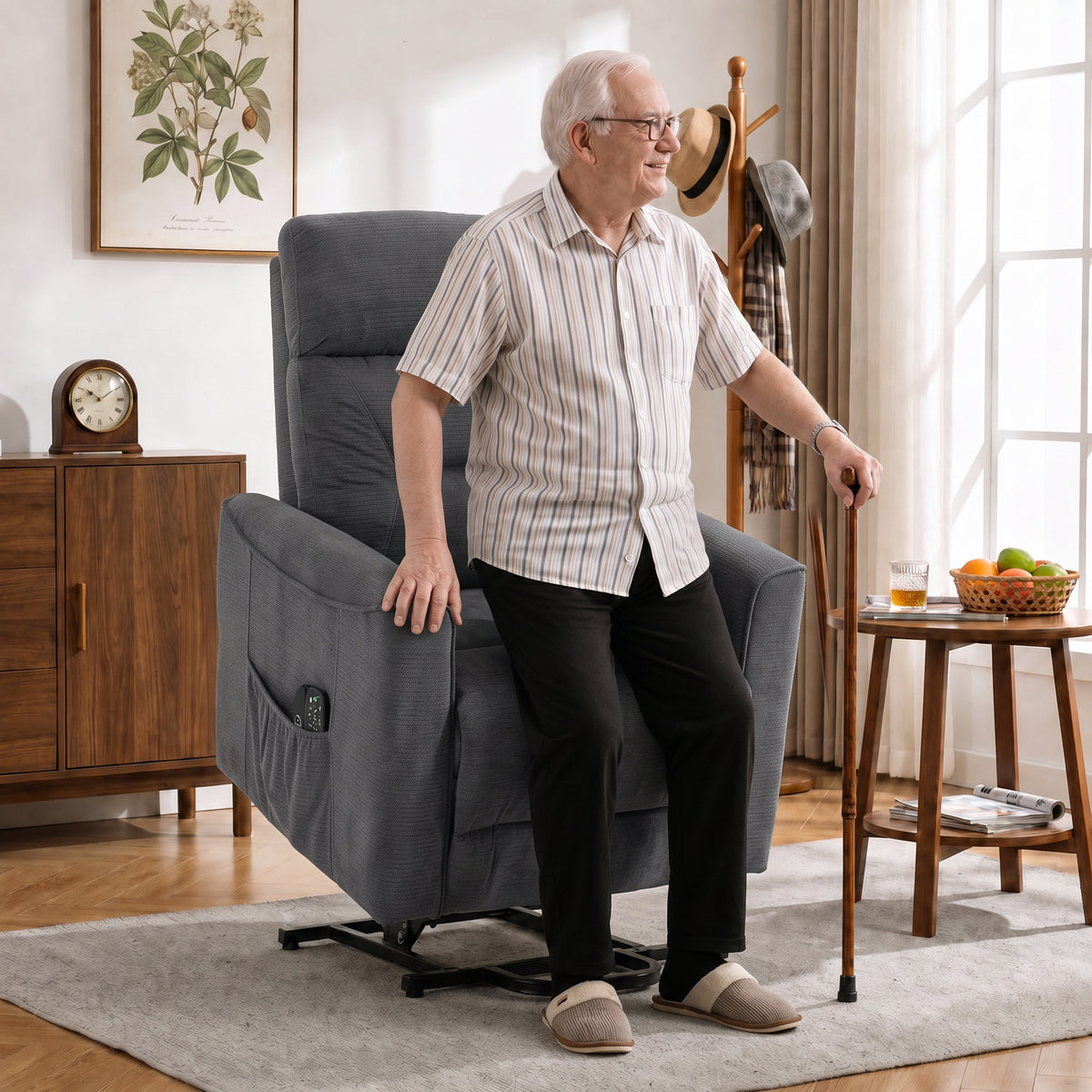 Relaxfauteuil met elektrische sta-op hulp, massage & verwarming, chenille fauteuil met binnenvering, donkergrijs (2)
