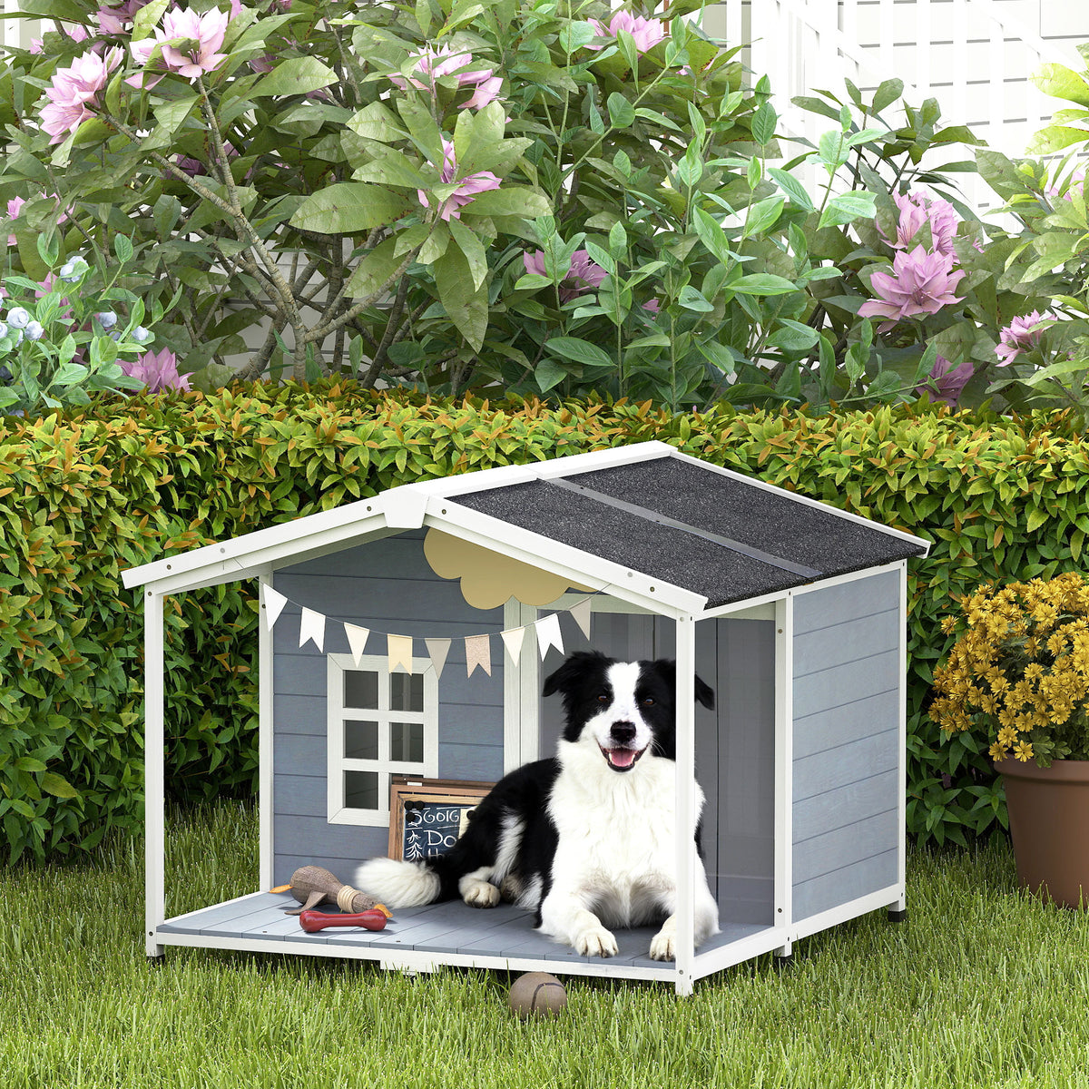 Hondenhok weerbestendig verhoogd houten hondenhuis met asfaltdak, terras, voor middelgrote honden 103x107x83,5cm (2)