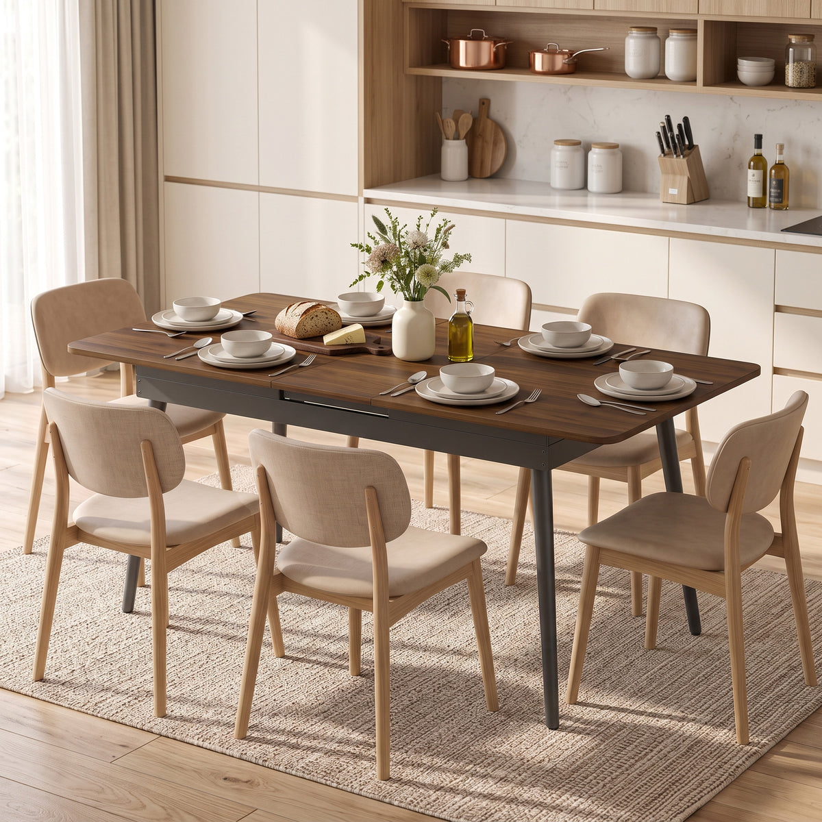 Uitschuifbare eettafel 130-160 cm, keukentafel met afgeronde hoeken, licht walnoothout (2)